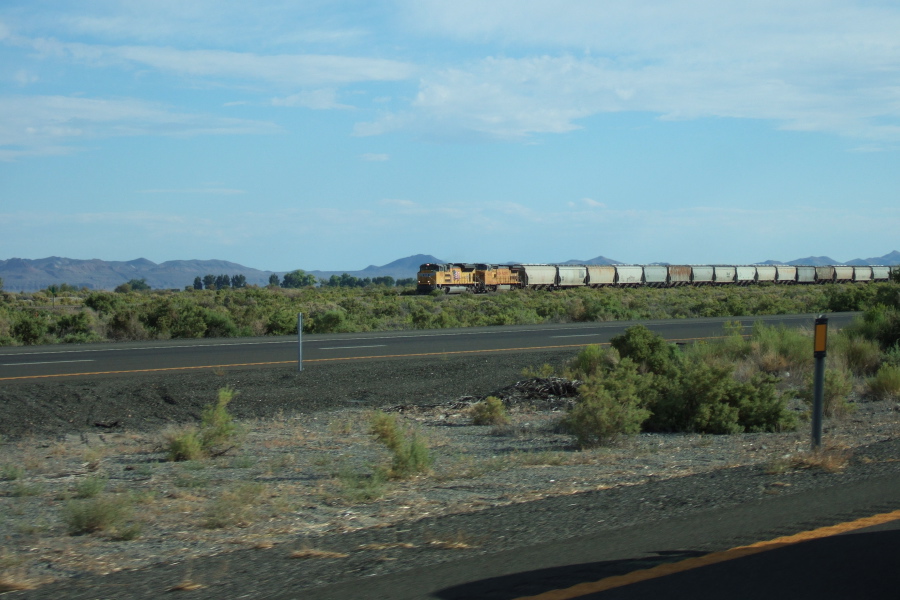 A UP freight train rumbles into Lovelock, NV.