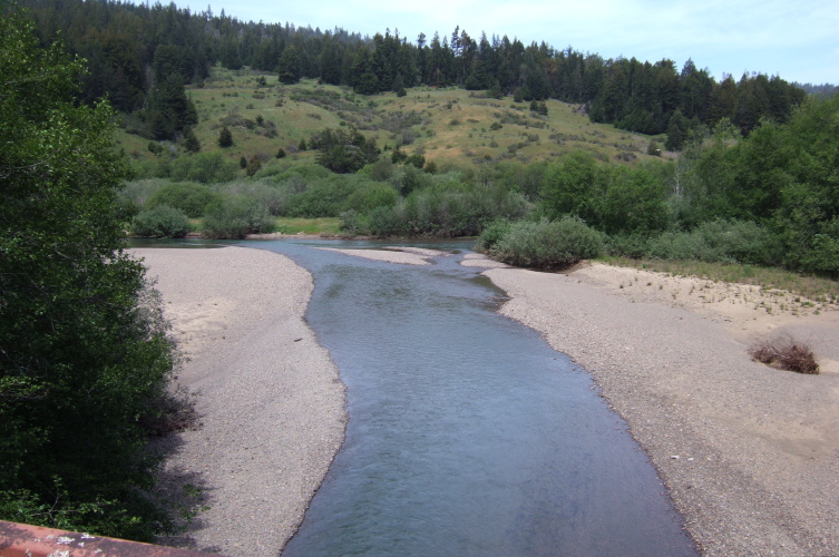 The confluence of the South Fork of Gualala River (below) and the Wheatfield Fork.
