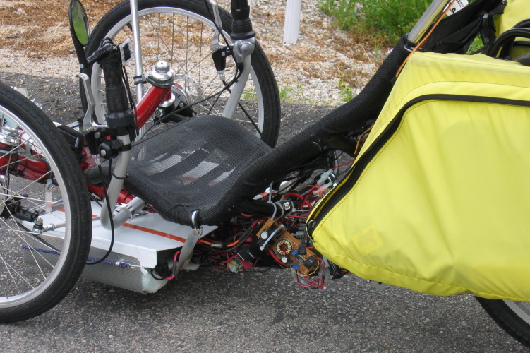 Exposed electronics on Joel DeCaro's solar trike.