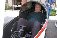 Craig Johnsen in his custom-faired ICE velomobile.