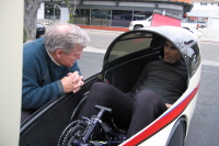 Bill tries out Craig's custom velomobile.