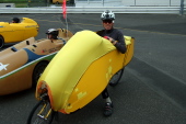 Bill gets ready to go on the velomobile ride.