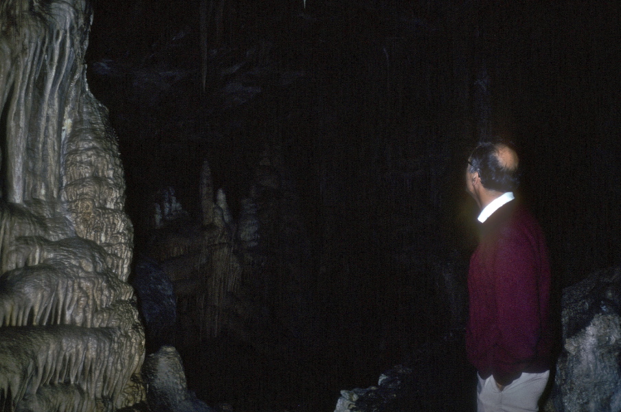 David enjoys one of the large auditoria in the Lehman Cave.