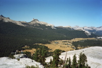 Tuolumne Meadows and Cathedral Peak from Lembert Dome.