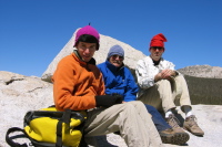 Zach Kaplan, Ron Bobb, and Bill trying to stay warm on Lembert Dome (9450ft)