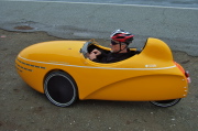 Peter Borenstadt arrives in his Mango Sport velomobile.