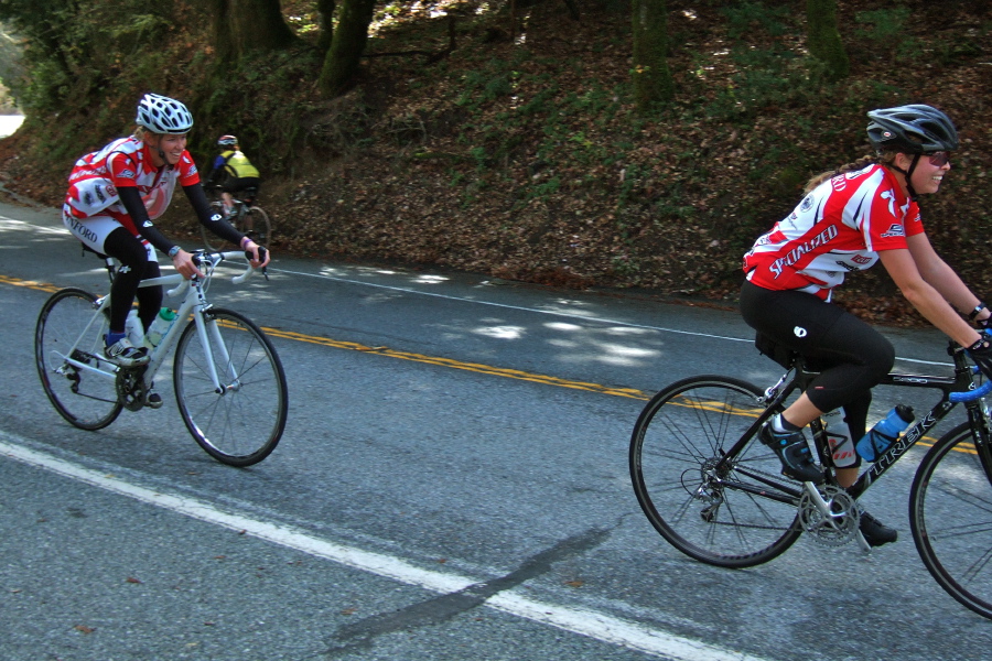 A couple of Stanford Cyclists reach the top.