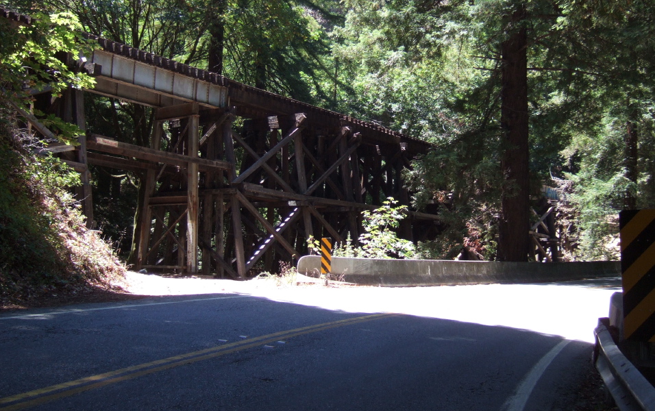 Railroad trestle next to CA9 between Santa Cruz and Felton. Redwoods.