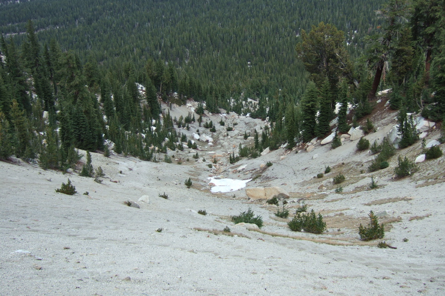 View down the sandy chute off the Crest.