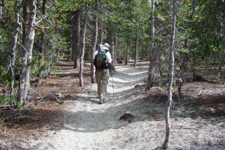 David crosses Mammoth Pass.  There is no sign to mark what is the lowest crossing of the Sierra Crest within many miles.