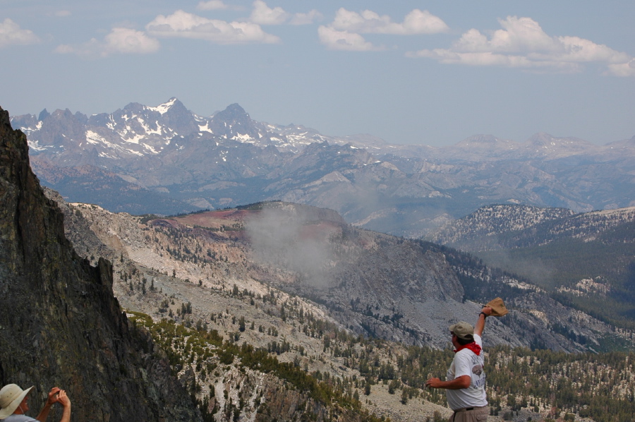 Marc commits Charlie to the wind at one of his favorite view spots on Mammoth Crest.