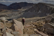 Bill starts down from Mammoth Peak, looking for the most walkable route.