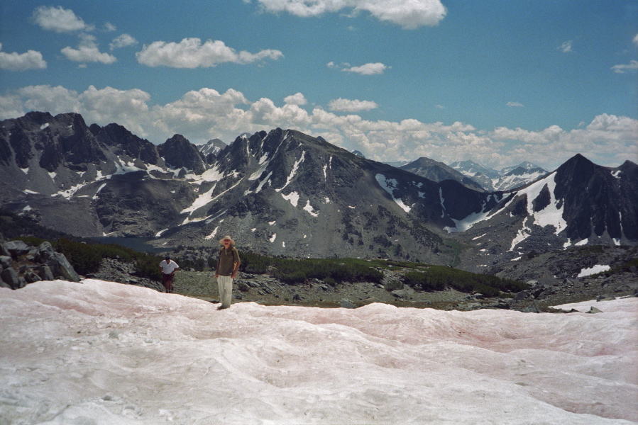 Jean-Guy and David reach the snow field at Deer Pass.