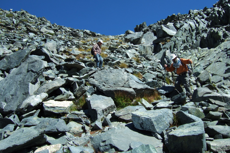 Frank and Stella descend the talus (on a decent use trail).