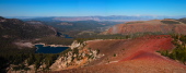 Panorama of Horseshoe (l) and Twin Lakes, Mammoth Lakes town, the end of Mammoth Crest and the lower part of Sherwin Crest