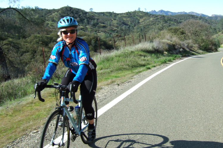 Christine Holmes climbs the grade south of Pinnacles.
