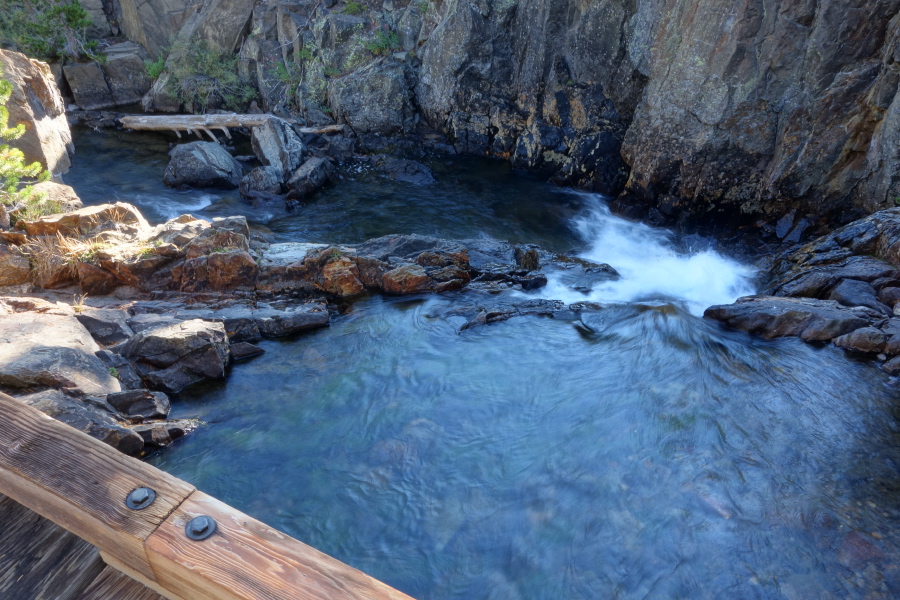 Shadow Creek flows under the John Muir Trail bridge into Shadow Lake