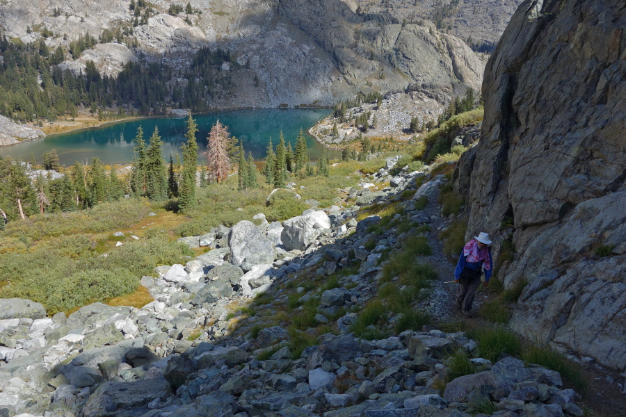 Frank climbs the trail to Iceberg Lake above Ediza Lake.