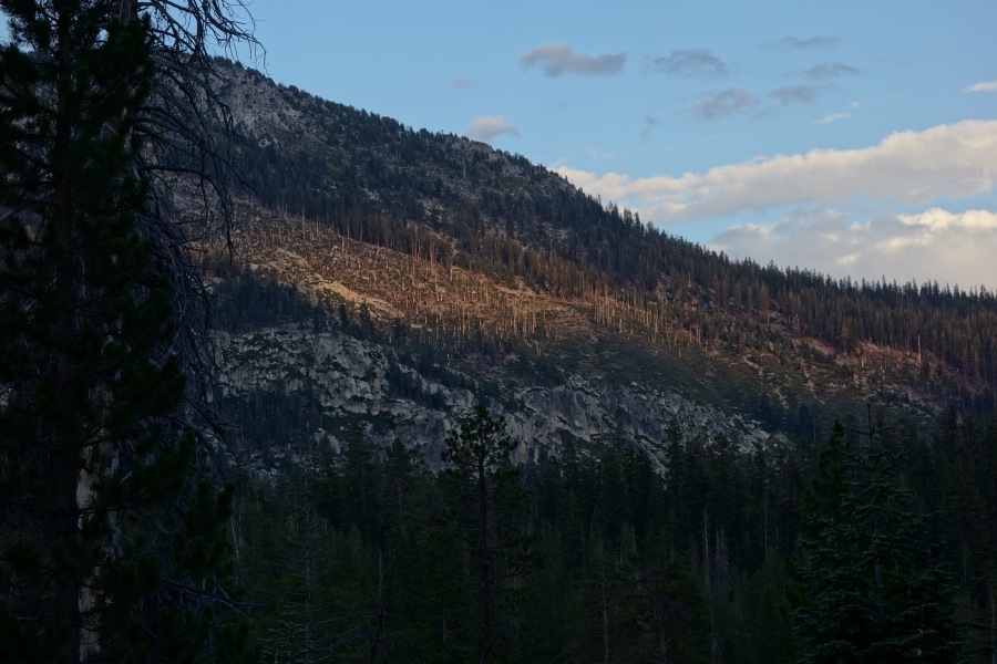 Last rays of setting sun shine on an area burned by fire on the opposite side of the canyon.