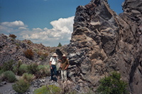 Bill and David examine the obsidian of Panum Crater.