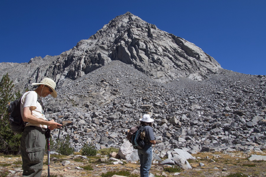 Stella looks up at Little Lakes Peak (12782ft)