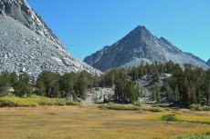View back to Morgan Pass between Little Lakes Peak and Rosy Finch Peak (r)