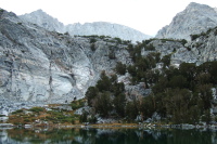 Gem Lake and the possible route over the adjacent ridge to Treasure Lakes.