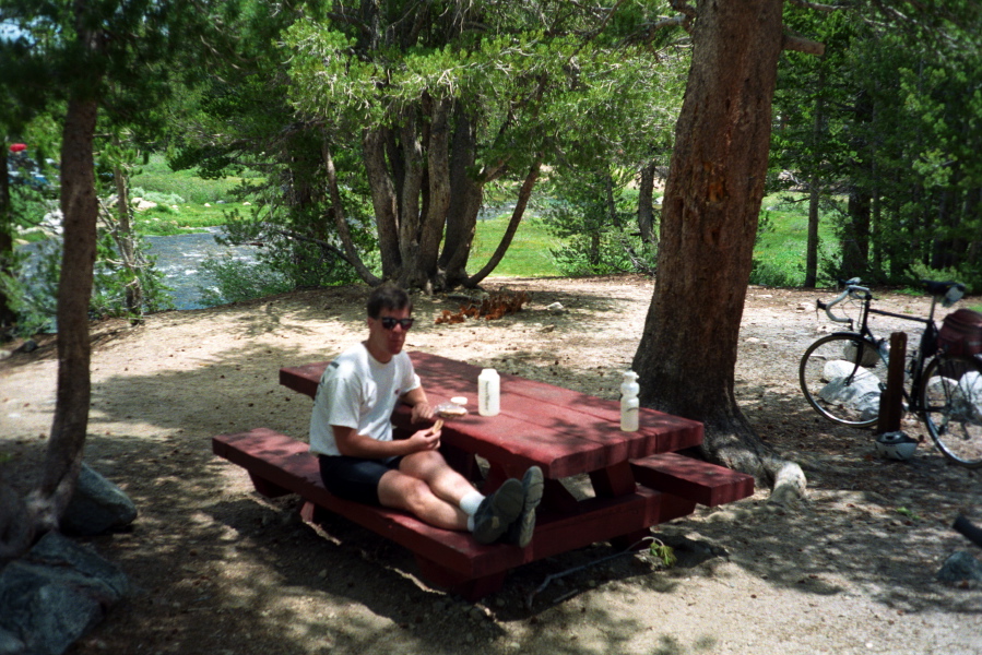 Derek enjoys lunch at Mosquito Flat next to a roaring Rock Creek.