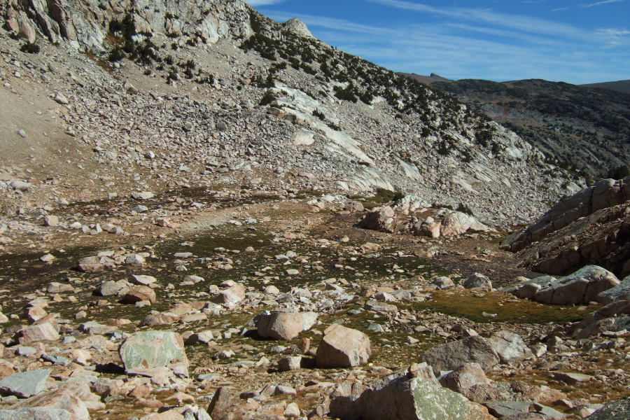 View back down to the bottom of the cirque at the head of Hall Valley.