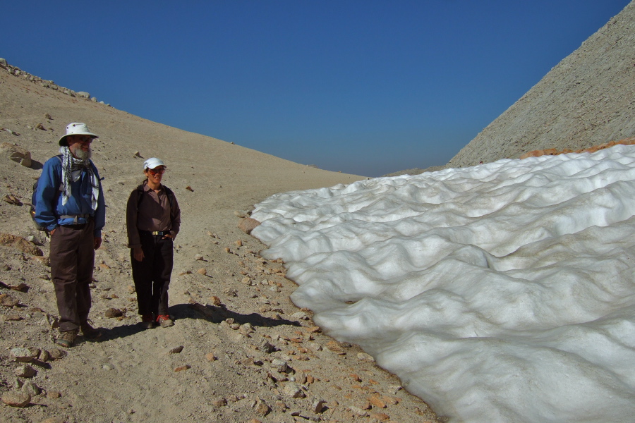 Frank and Stella at the snowfield at Mono Pass