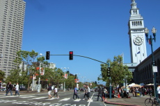 The Embarcadero is crowded near the Ferry Building