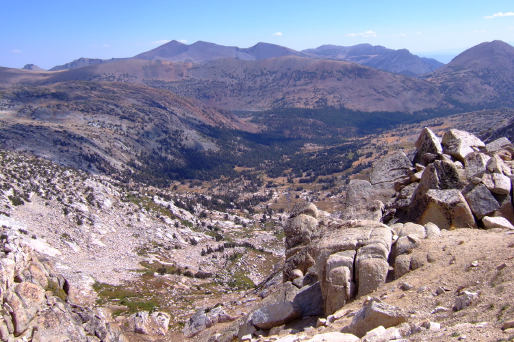 View of Hall Reserve valley from the southeast ridge of Mt. Conness.