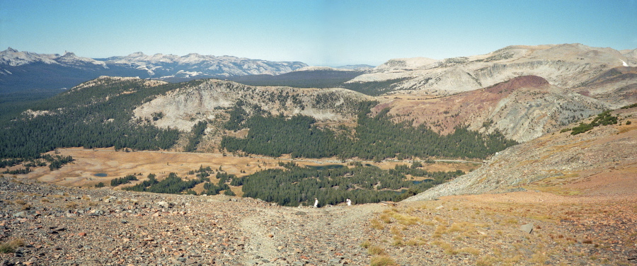 Two Davids climb up to the halfway cairn on the use trail up Mt. Dana.