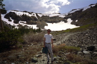 View back to the snowfield and ridge behind.