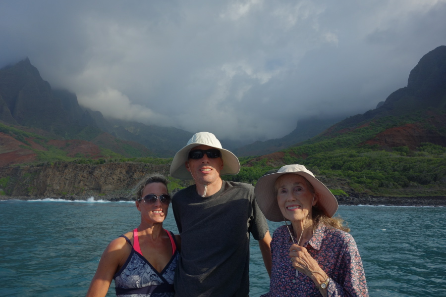 Laura, Bill, and Kay in front of Kalalau Valley