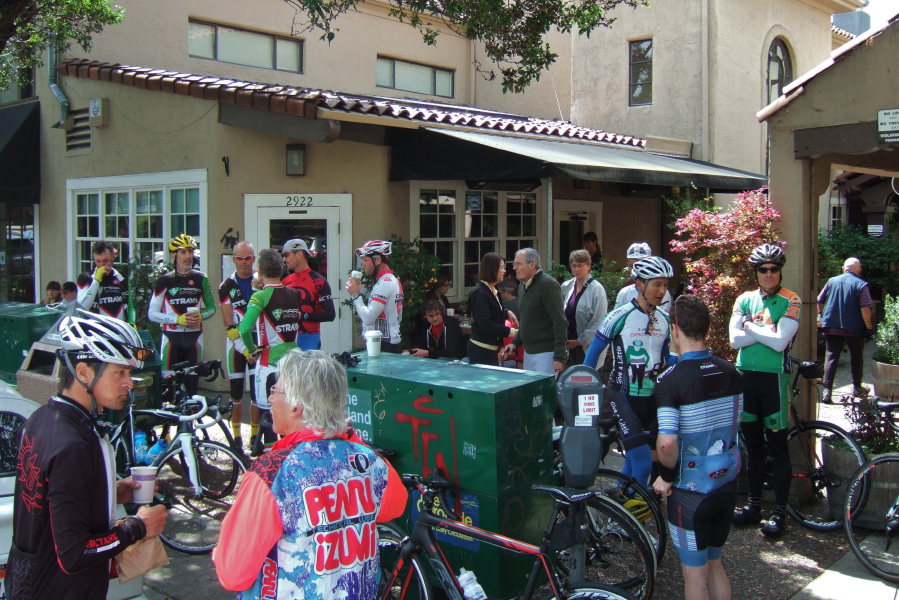 Riders pause at Peet's on Domingo for a snack break.