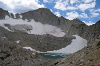 Mt. Conness (12,590ft) and its glacier melting into the highest lake.