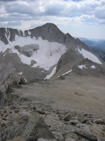 Mt. Conness (12,590ft), its melting glacier, and the final approach to North Peak (12,242ft).