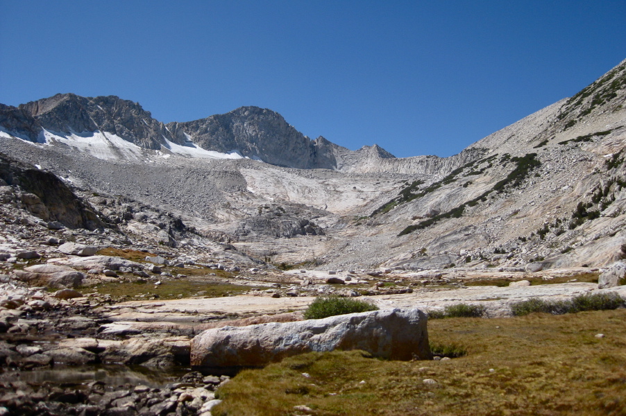 Mt. Conness (12590ft) rises above its shrinking glacier at the head of the valley.