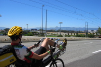 Zach rides past Great America, Santa Clara