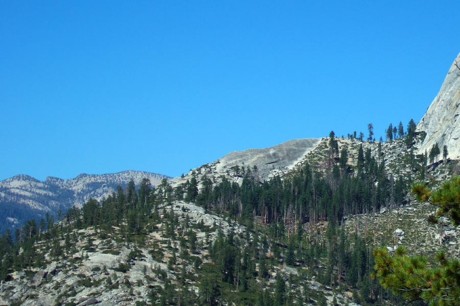 The knife edge of the Diving Board (center) on the southwest shoulder of Half Dome