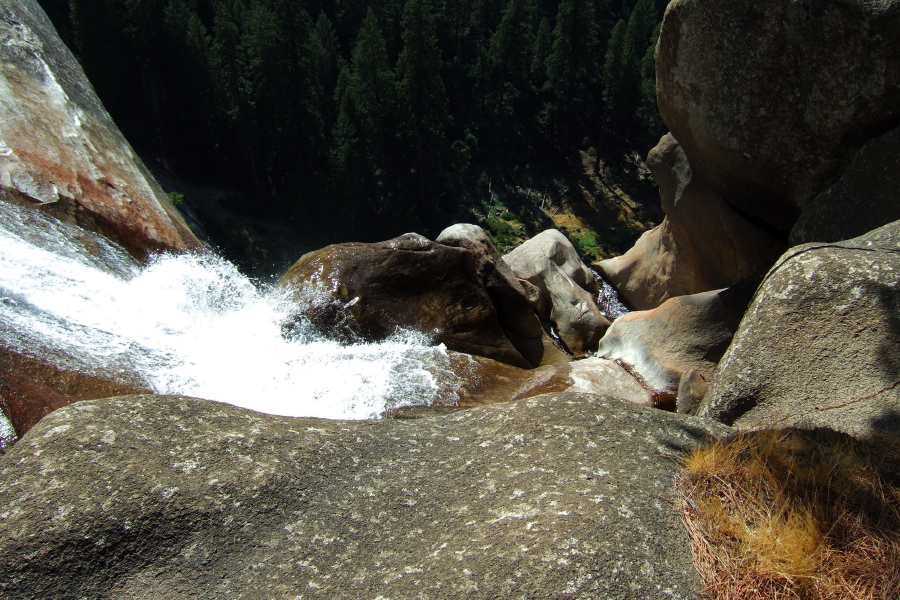 View of the rock that gives Nevada Fall its characteristic 