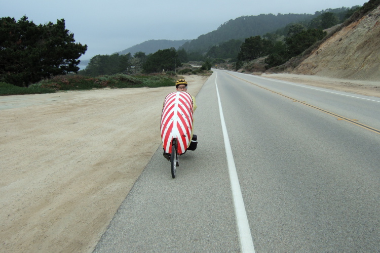 Zach riding south on CA1 near Greyhound Rock.