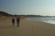 Kay and David walk on the beach.