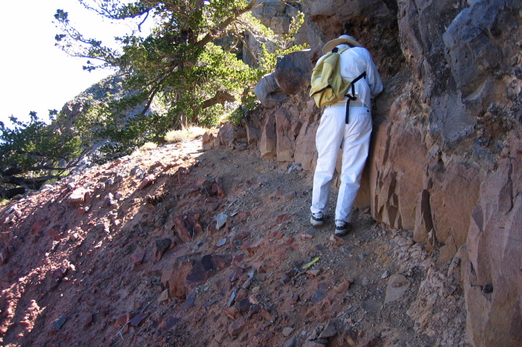 David makes his way along the precipitous trail under the nose of Sherwin Crest.
