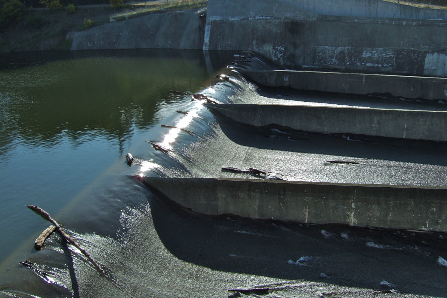 Water and debris flowing over the Lenihan Dam spillway.