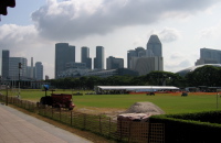 Looking from the duckmobile back toward the Suntec Centre across the Padang