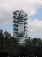 The Concode Building with the down-facing windows as seen from the river