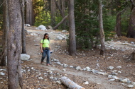 Stella arrives at the end of the hike, having had enough talus for the first day in the mountains.