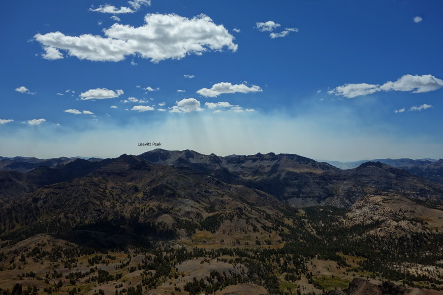 Smoke from the Rim Fire hovers behind Leavitt Peak.